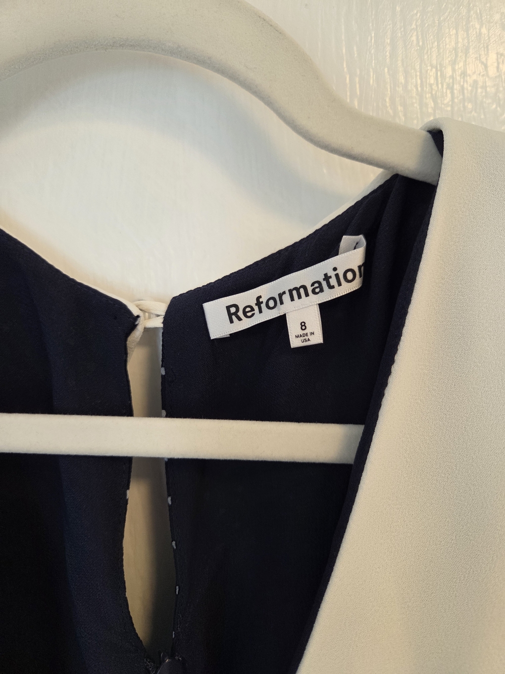 Reformation Edalene Navy Polka Dot Mini Dress with White Ruffle Collar - Picture 4 of 5